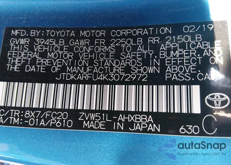 2019 Toyota Prius L Eco from USA, damaged, VIN JTDKARFU4K3072972